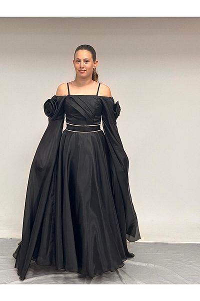 BUTİKHAPPYKİDS Girl's Evening Dress Black Long Strap Chiffon Evening Dress with Detachable Cape 10-15 Years