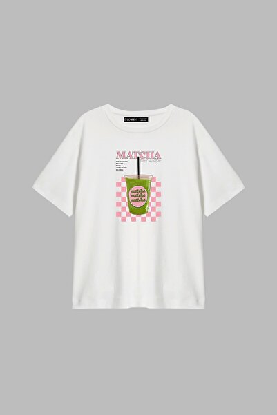 CİNEMA MODA Tricou alb pentru femei cu imprimeu Matcha Iced Latte