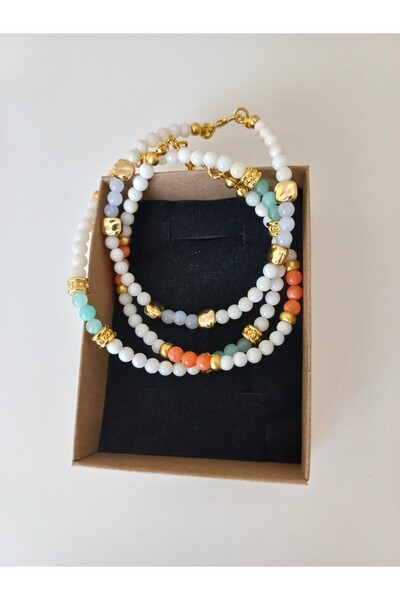 LemaStone سوار ثلاثي من الحجر الطبيعي؛ مصمم من حجر المرجان، حجر لاريمار.