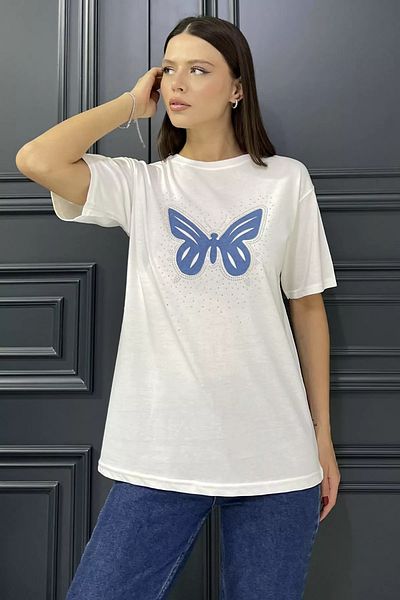GÜLSELİ Γυναικείο T-Shirt Cream Crew Neck Stone Butterfly Motif