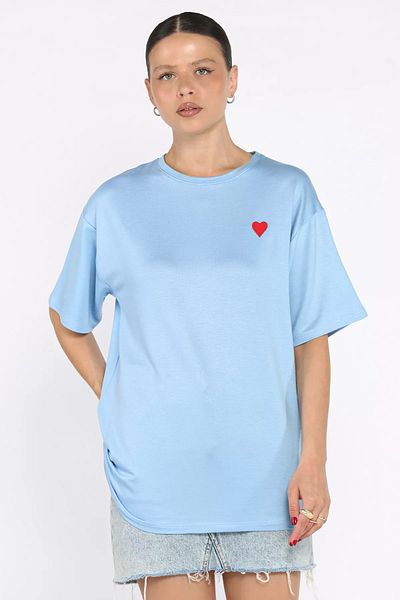 GÜLSELİ Tricou casual cu broderie inimă cu decolteu pentru femei albastru
