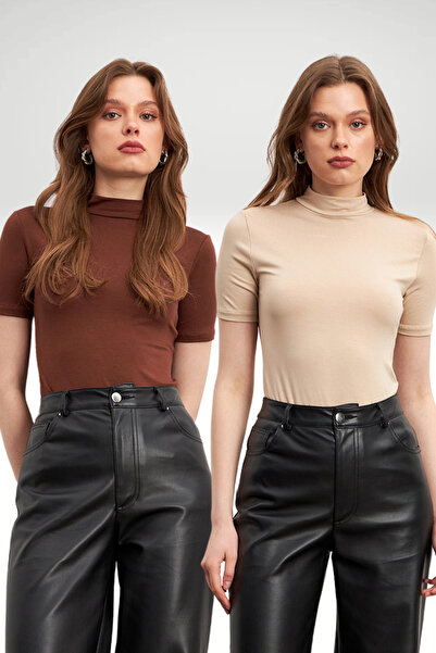 Ladima Γυναικεία κοντομάνικη μπλούζα 2 Pack Cream Bitter Brown