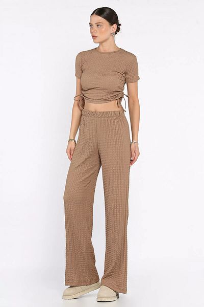 GÜLSELİ Coffee Women's Self Patterned Side Gathered Blouse Trousers Double Suit