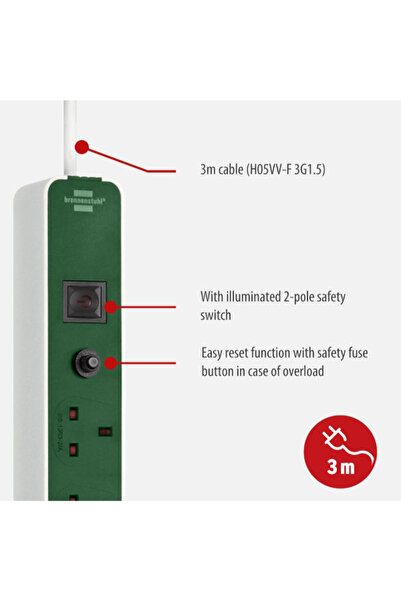 Brennenstuhl شريط طاقة إيكولور رباعي الاتجاهات مع زر فتيل أمان 3 أمتار
