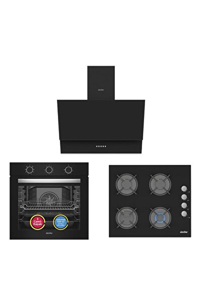 Simfer 9 Fonksiyon QS Mekanik Siyah Büyük Pop-Up 3'lü Ankastre Set ( Fırın + Ocak + Davlumbaz)
