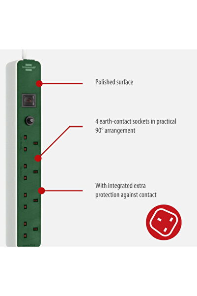 Brennenstuhl شريط طاقة إيكولور رباعي الاتجاهات مع زر فتيل أمان 3 أمتار