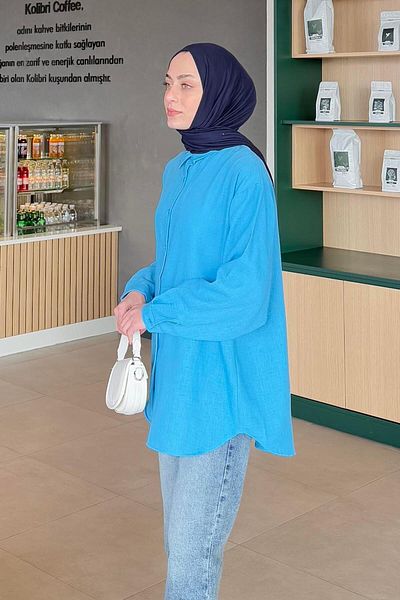 lamelif Pera Λινό Πουκάμισο Hijab Τιρκουάζ