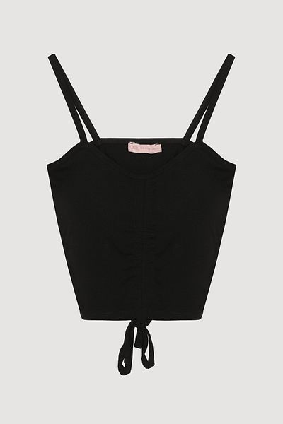 Quzu Thin Strap Gather Detailed Crop Blouse Black