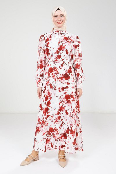 Beyza Mobile Belt Printed Red Dress 9385