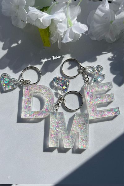 Sultan Tasarım Gold Foil Floral Glittery-Paillette Epoxy Letter - Number Keychains