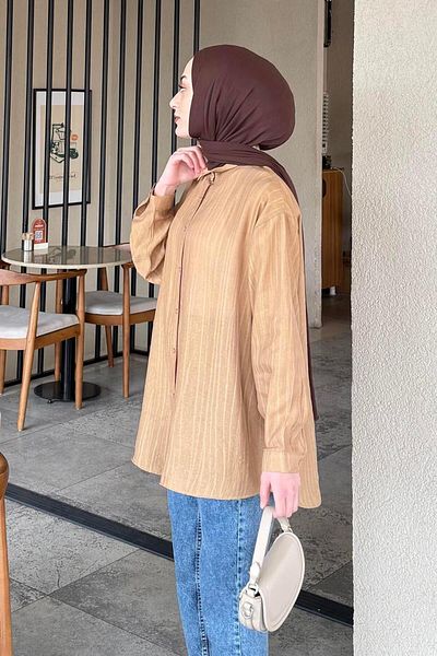 lamelif Siena Λινό Πουκάμισο Hijab Σοκολατένιο Καφέ