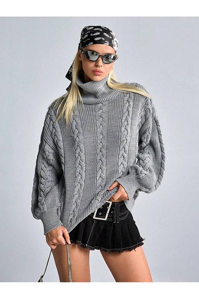 tofan Oversize Fit High Neck Knit Patterned Sweatshirt - Gray