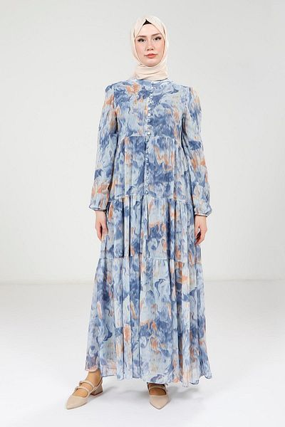 Beyza Printed Buttoned Blue Dress 9390
