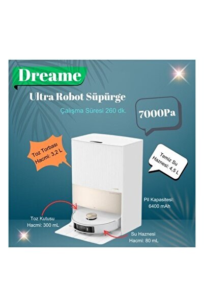 Dreame Ultra 7000PA Uyumlu Emiş Complete, Otomatik Paspas Yıkama ve Kurutma, Robot Süpürge