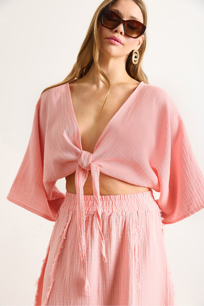 Olalook Women's Pink Bat Muslin Blouse with Front Tie Detail Blz-19003030