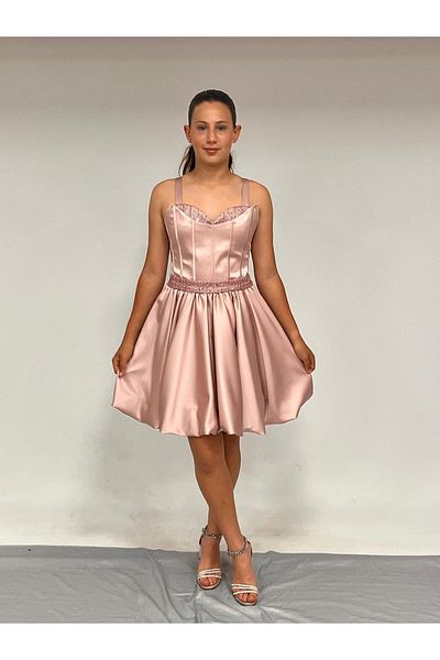 BUTİKHAPPYKİDS Girl's Strap Mini Powder Pleated Sequin Detailed Short Balloon Skirt Evening Dress 10-15 Years