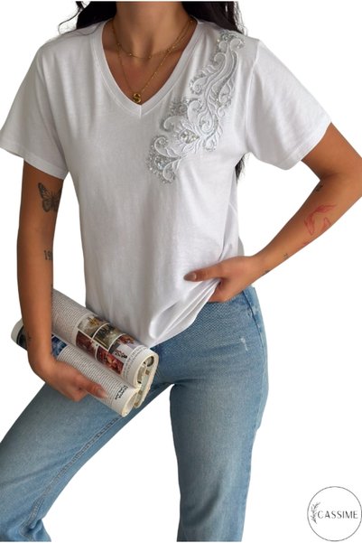 Cassime Women's White Off-Shoulder Floral Sequin Embroidered Short Sleeve 100% Cotton T-Shirt - Plus Size