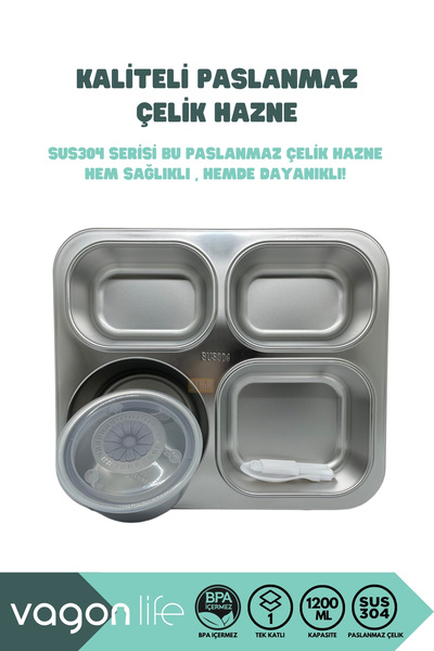 Vagonlife Bento 1200ml Lunchbox New Collection Single Layer 4 Compartments and Steel Sefer Bowl Food Box