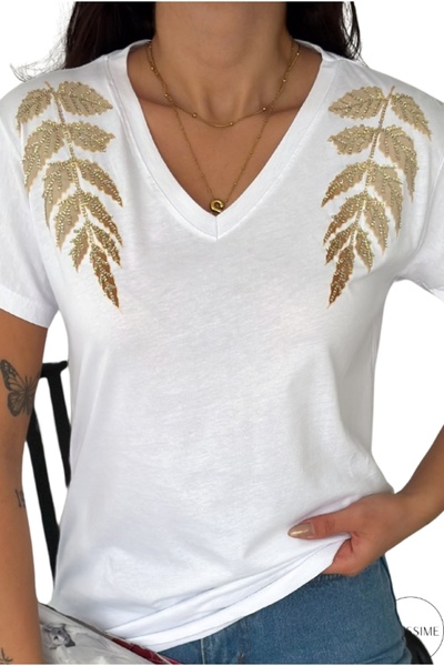 Cassime تي شيرت نسائي أبيض بأكمام قصيرة مطرز بالترتر الذهبي على الكتف 100% قط...