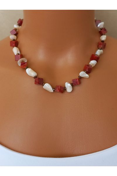 LemaStone Natural Stone Necklace, Bracelet Set (Coral, Mother of Pearl, Hematite and Green Aventurine)