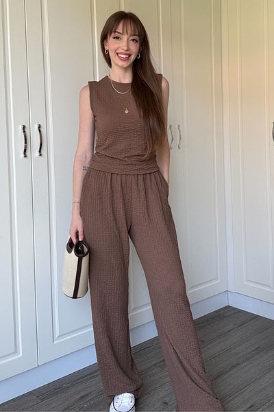 Dilay Gökoğlu Butik Brown Seersucker Crew Neck Suit