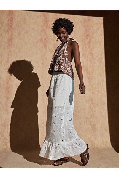 diaves Ecru Elastic Waist Guipure Detail High Waist Lined Long Skirt