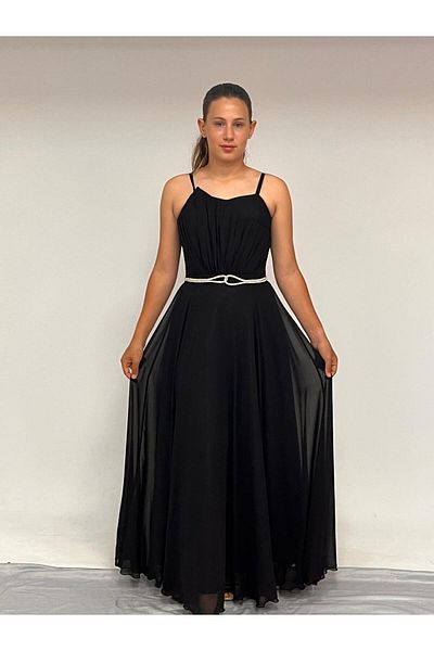BUTİKHAPPYKİDS Girl's Evening Dress with Straps Black Chiffon Drape and Stone Detailed Evening Dress 10-15 Years