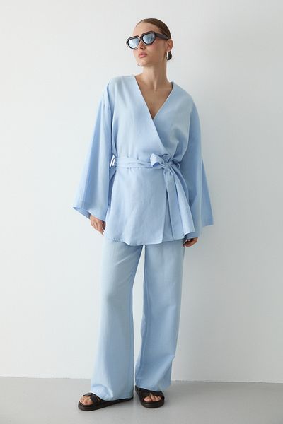 Laluvia Blaues Baumwoll-Kimono-Hosen-Set mit weitem Bein