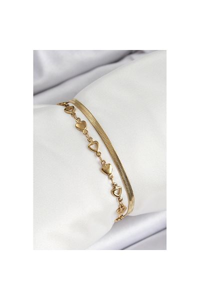 Skygo 316L Steel Gold Color Heart Chain and Italian Chain 2-Piece Women's Bracelet - Tj-Bb7084