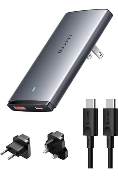 Baseus 65W Ultra-Slim Fast Charger, Dual Port Travel Adapter, UK + EU + US Wall Charger Plug With 10