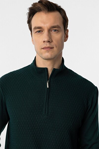 SÜVARİ Regular Patterned Zippered Stand Collar Wool Acrylic Knitwear