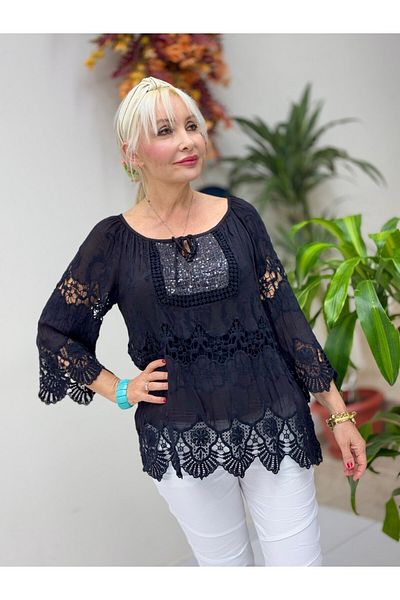 Punta Otantik Nc20428 Italian Classic Silk Blouse Black