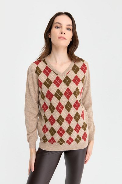 Desen Women's V-Neck Baklava Wool Sweater