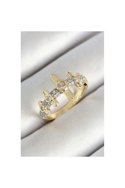Skygo Gold Color Adjustable Women's Ring with Brass Row Fence Figure Zircon Stone - Tj-Byk3785
