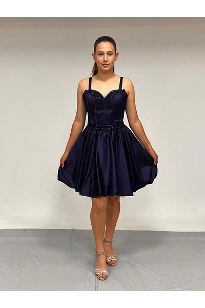 BUTİKHAPPYKİDS Girl's Strap Mini Navy Blue Pleated Sequin Detailed Short Balloon Skirt Evening Dress 10-15 Years