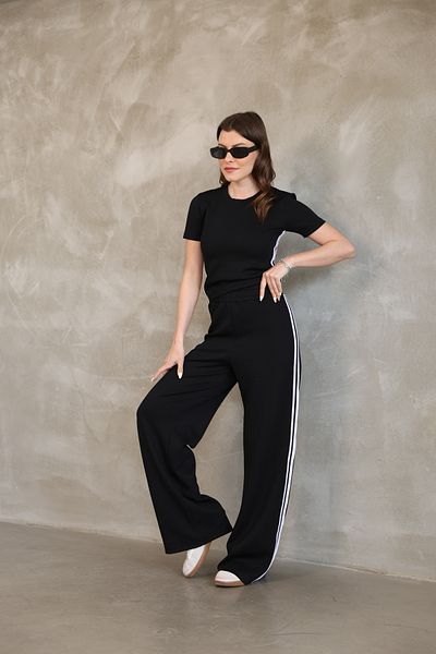 vesantia Summer Black Women's Tracksuit Set – Straight Leg, Double Stripe, Relax Fit