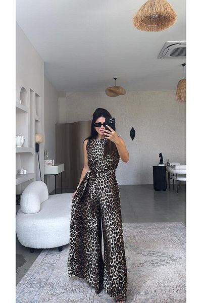 Buket Teke Wide Leg New Leopard Viscose Jumpsuit