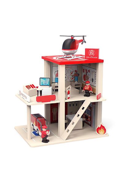Factory Price -Finleys Pretend Play Wooden Fire Station & Police Station - Red