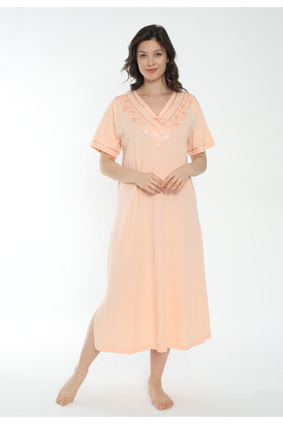 MİSS LOLİTA Kadın %100 Pamuklu Kısa Kollu Midi Boy Gecelik / Somon - 543