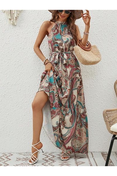 JANES Rochie de damă, cu decolteu, cu bretele, cu bretele, cu imprimeu, lungime maxi
