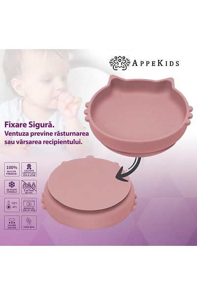 APPEKIDS Set 5 piese diversificare din silicon, AppeKids Kitty Old Rose
