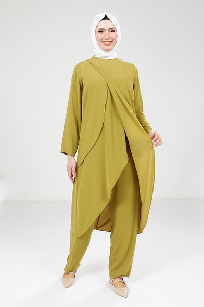 Beyza Oil Green Tunic Trousers Set 9372