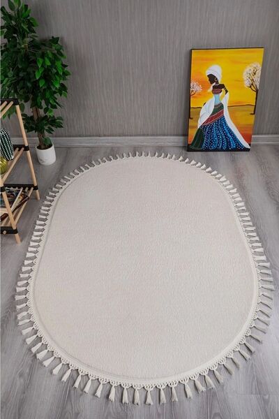 Genel Markalar Puffy Oval Ekru ponpon Saçaklı Peluş Yumuşacık Yıkanabilir Kay...