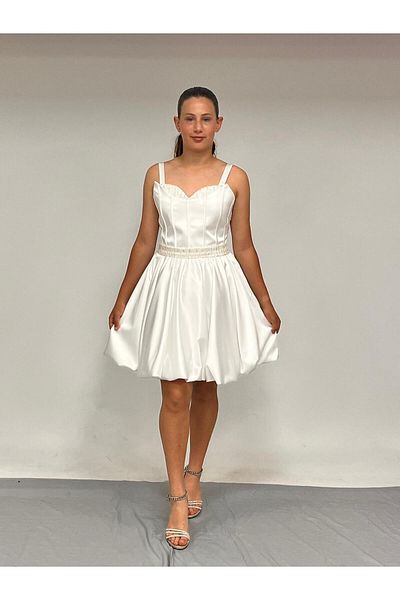BUTİKHAPPYKİDS Κοριτσίστικο λουράκι Μίνι κρέμα πλισέ παγιέτα Λεπτομερή κοντή φούστα με μπαλόνι βραδινό φόρεμα 10-15 ετών