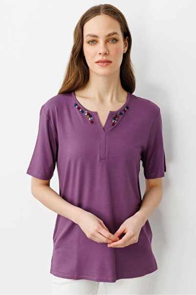 Desen Bluză minimalistă pentru femei, cu mâneci scurte, cu decolteu în V, bro...