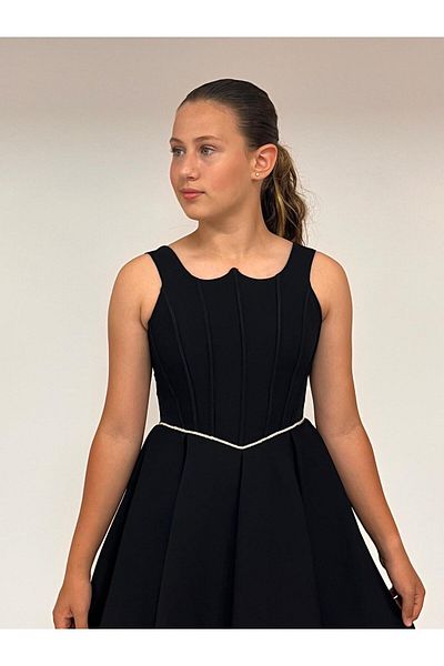 BUTİKHAPPYKİDS Girls' Evening Dress Black Crepe Short Waist Slim Strip Stone Detailed Stone Short Evening Dress 10-15 Years Old