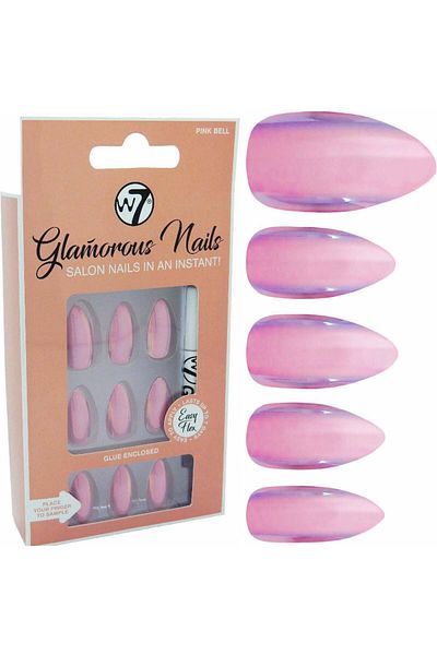 w7 Kit 24 Unghii False W7 Glamorous Nails, Clopoțel Roz, cu lipici și pilă de unghii incluse