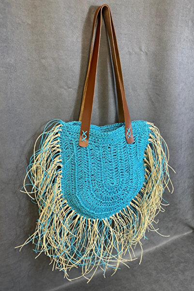 Uretti - Ayşe 4723 3374 Geantă de umăr pentru femei, tricotată manual, cu ciucuri colorate, fir de hârtie / albastru