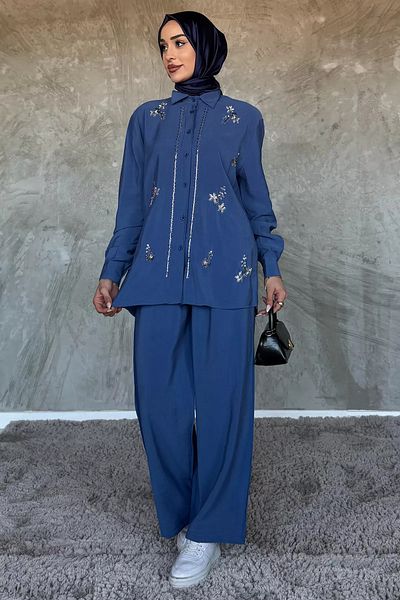 julude Indigo Γυναικείο Πουκάμισο Μαριονέτα Παντελόνι Διπλό Σετ