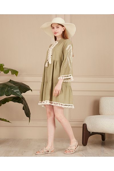 EL jadida Women's Embroidered Tassel Detailed Plus Size Linen Dress Khaki